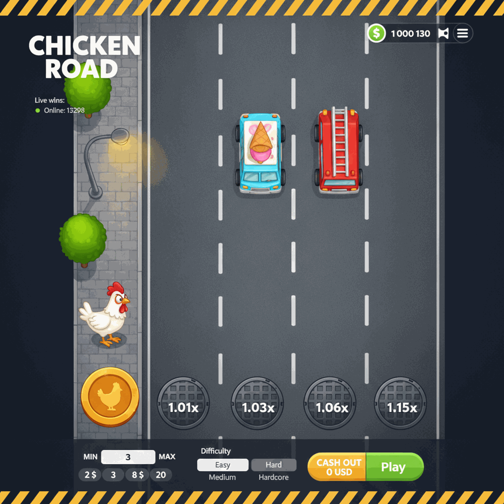 Chicken Road di InOut: schermata di gioco che mostra una gallina cartoon bianca che attraversa corsie di una strada asfaltata vista dall'alto, con moltiplicatori visualizzati su tombini circolari in ogni corsia, automobili in movimento, indicatori di scommessa e pulsanti di controllo nell'interfaccia di gioco crash